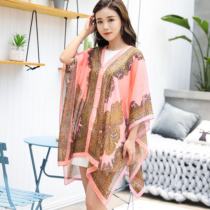 Versatile Paisley Chiffon Scarf Set with Pearl Buckle - Popular Multifunctional Sunscreen Shawl for Influencers