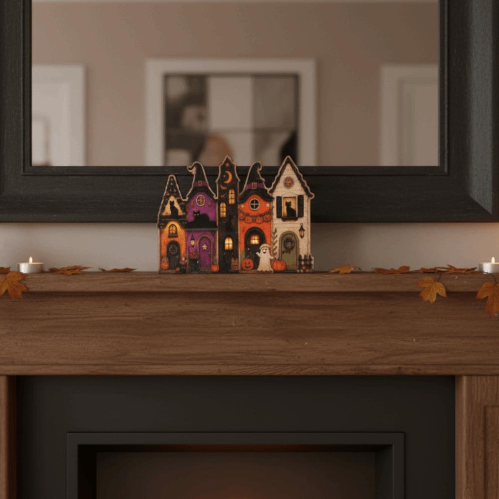Multi-layer Halloween Village Decor Wooden Rustic Autumn Ornament Coffee Bar Table