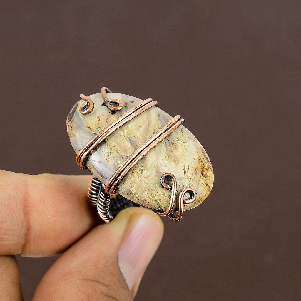 Natural Fossil Coral Gemstone Handmade Copper Wire Wrap Ring Size 7.5 Y6e03