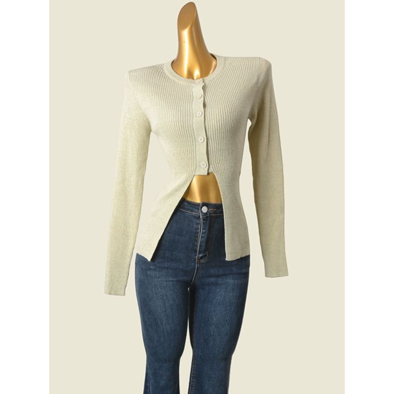 Irregular Design Knitting Cardigan Long Sleeves Sweater Female New Arrival Side Button Slit Slim-Fitting Slimming Coat