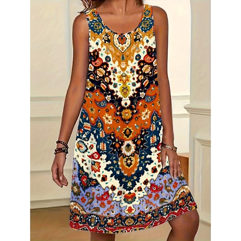 2025 Summer Women's Dresses Beach Casual Style Sleeveless Dresses Floral Printed Round Neck Dresses Loose With Pockets Dresses