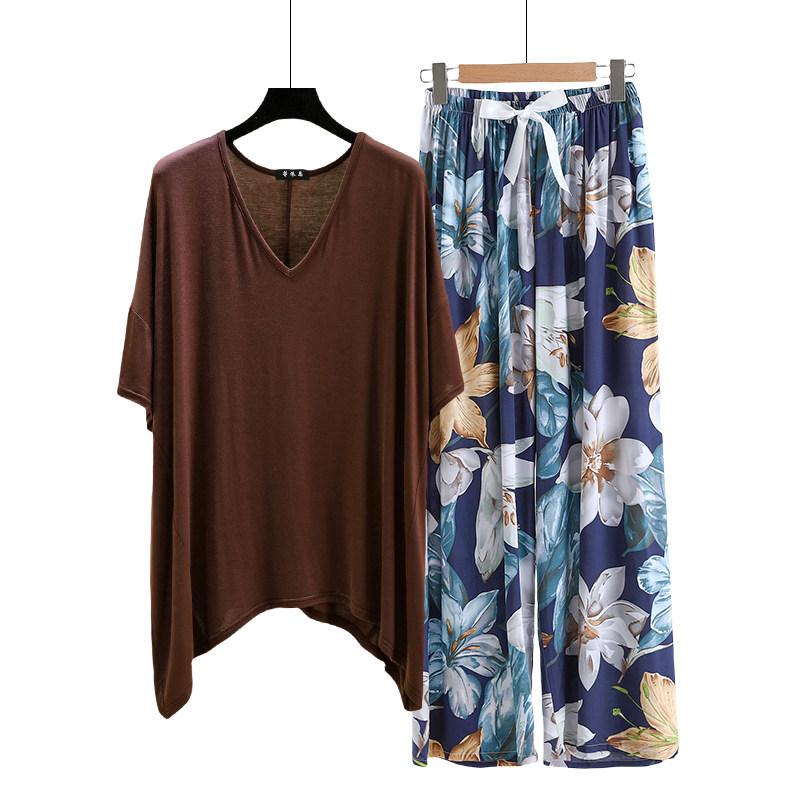 Необычная футболка и широкие брюки с цветочным принтом летние женские повседневные пижамные комплекты Костюм для дома с коротким рукавом Свободный легкий костюм для отдыха Большие размеры