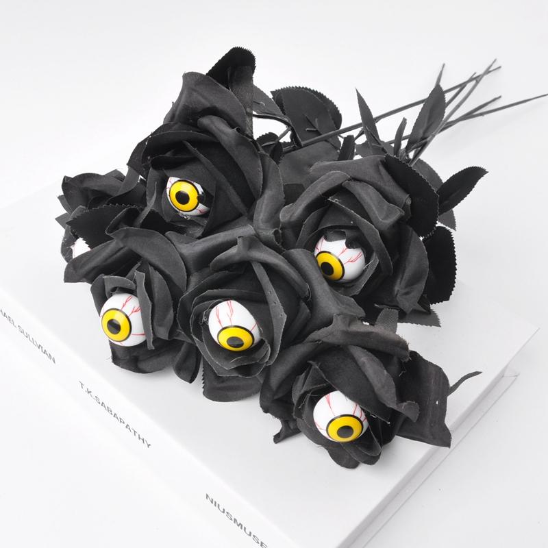 1/5pcs Halloween Artificial Black Rose With Eyeball Fake Flower Bouquet Halloween Party Horror Props Home Decoration DIY Craft