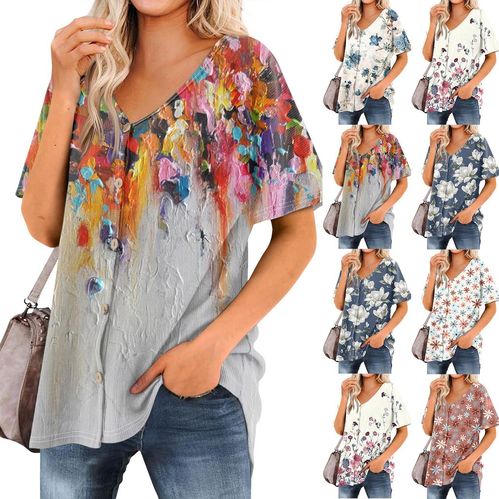 Women's T Shirt Tee Printed Women's Shirts V Neck Short Sleeve Button Up Tunic Tops Blouse