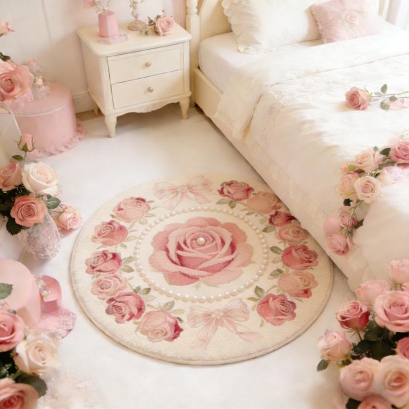 French Style Bedroom Decor Rose Carpet Fluffy Soft Carpets for Living Room Thick Plush Bedside Floor Mat Home Round Washable Rug