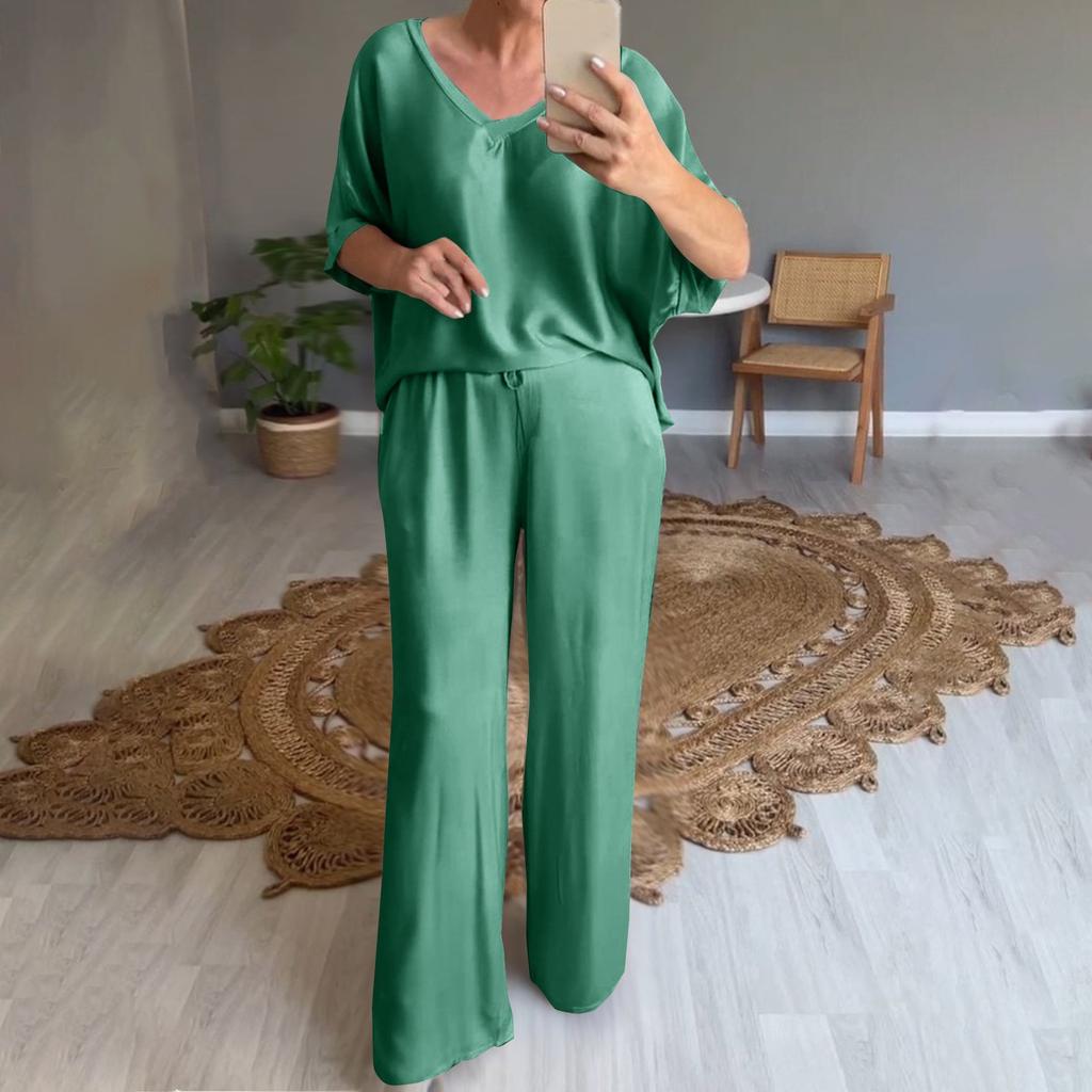 Женский свободный пуловер с v-образным вырезом, повседневный модный костюм с длинными брюками и короткими рукавами