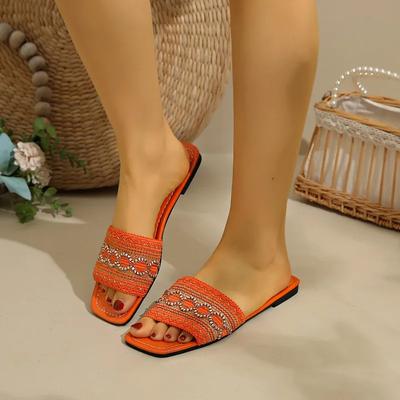 Женская обувь Туфли с открытым носком Женские тапочки Большого размера Повседневные тапочки Женские Смешанные цвета Квадратный носок Шнурок Бисер Плоская подошва с сандалиями