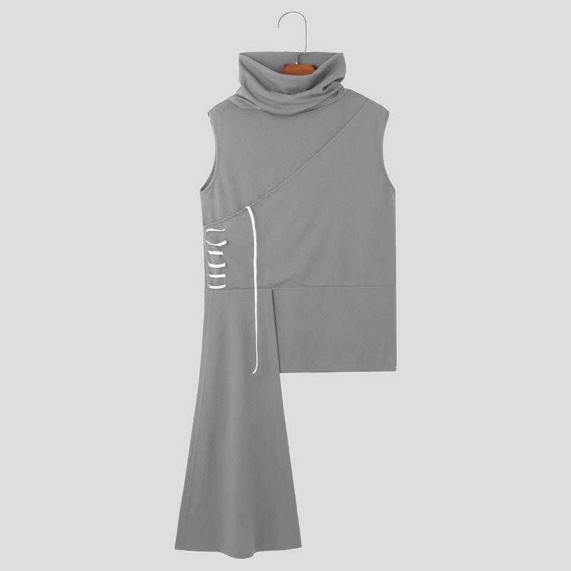 INCERUN Men High Cowl Neck Irregular Stitching Sleeveless T-shirt Casual Ruffled Tops