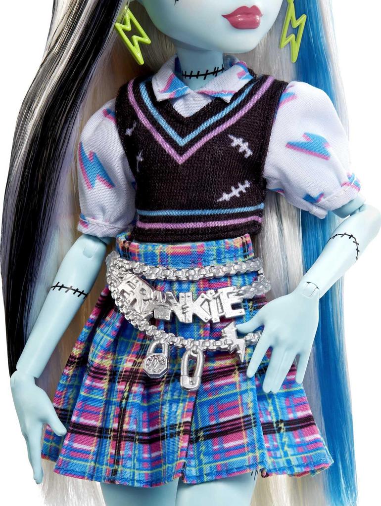 Monster High Poupée Frankie Stein Avec Accessoires Et Animal De Compagnie, Poupée Mode Articulée, Cheveux Méchés Noirs Et Bleus, Jouet Enfant, Dès 3 A
