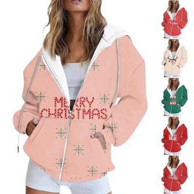 Женские толстовки на молнии для девочек-подростков, рождественский свитшот с принтом, одежда, повседневная куртка на шнурке с карманами