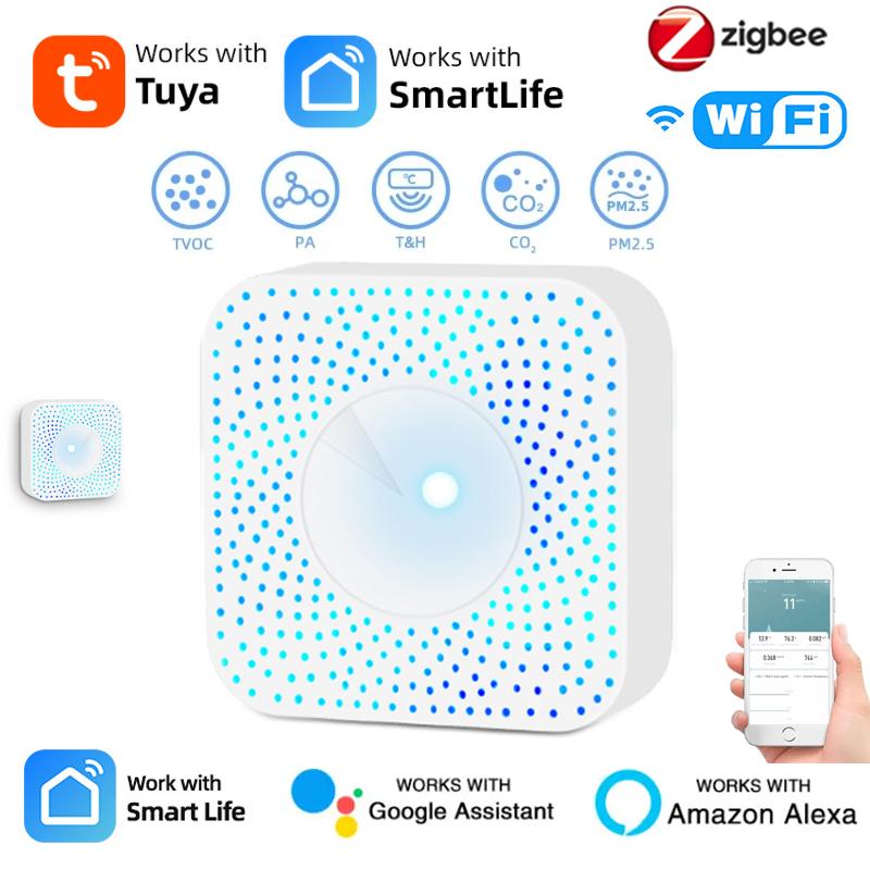 Tuya ZigBee/WiFi Детектор качества воздуха PM2.5 Формальдегид ЛОС CO2 Температура Влажность 6-в-1 Умный датчик Air Box Через Alexa Google