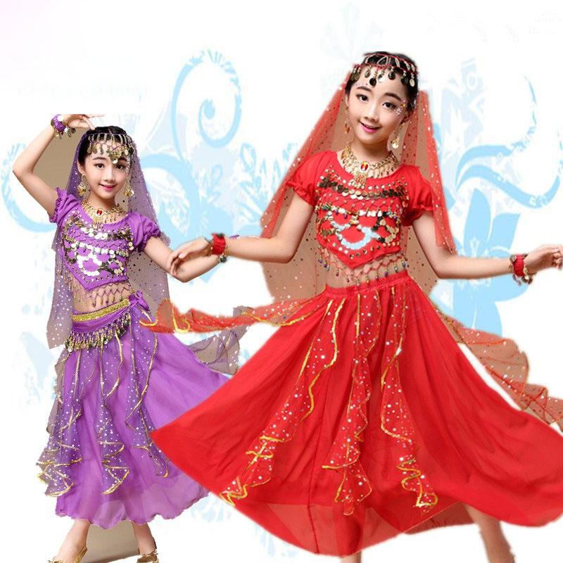 Girl Kids Tulle Indian Belly Dance Clothing Children Performance Costume Tops+Skirt 2pcs Dance Set