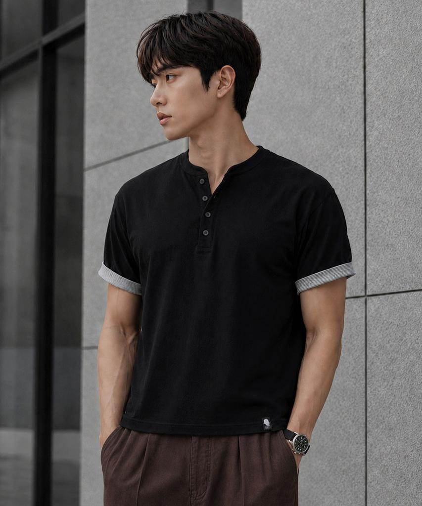 GHOST REPUBLIC Crop Stripe Color Block Roll-Up Henley Neck Short Sleeve Tee Gt-393_Black