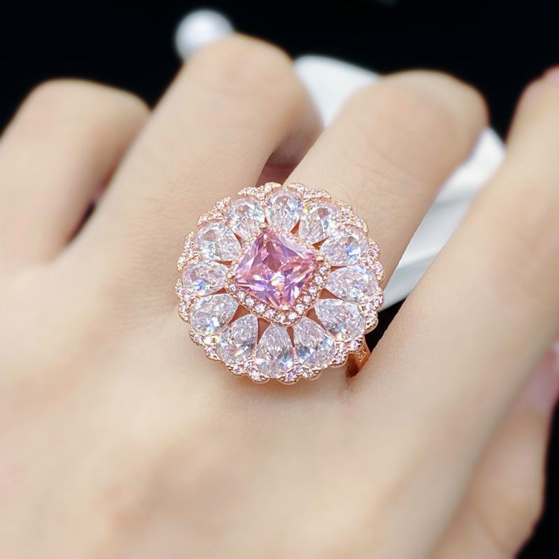 BELLA BOX Delicate Temperament Square Flower Shape Pink Rings For Women Zircon Engagement Party Fine Classic Jewelry Gift