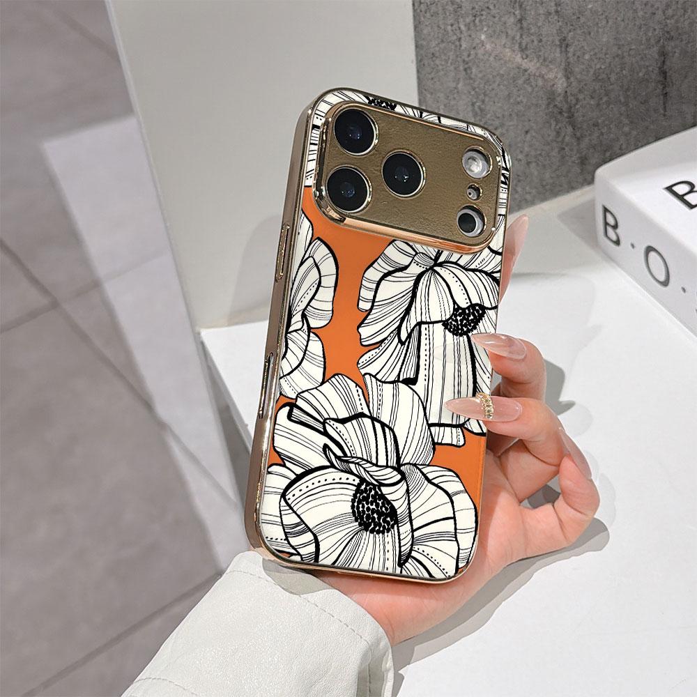 Чехол для телефона 'Счастливый старт' для iPhone 17 16 15 14 13 12 11 Pro Max 16E Золотой гальванизированный стеклянный корпус Чехол с оранжевыми цветами
