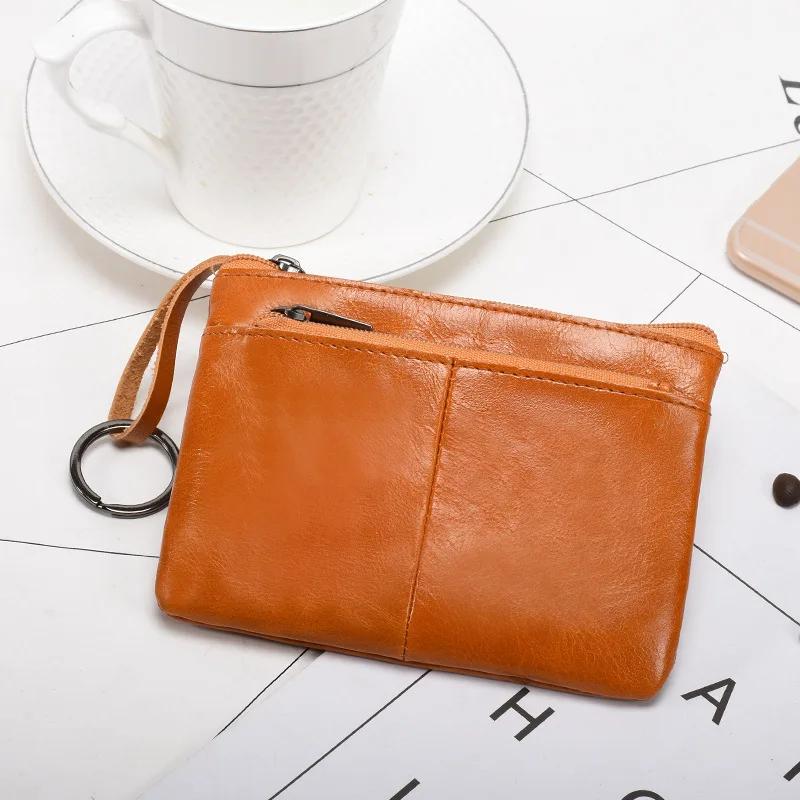Genuine Leather Coin Purses for Men and Women Vintage Keychain Wallet with Card Holder Solid Color Small Zipper Clutch Purse