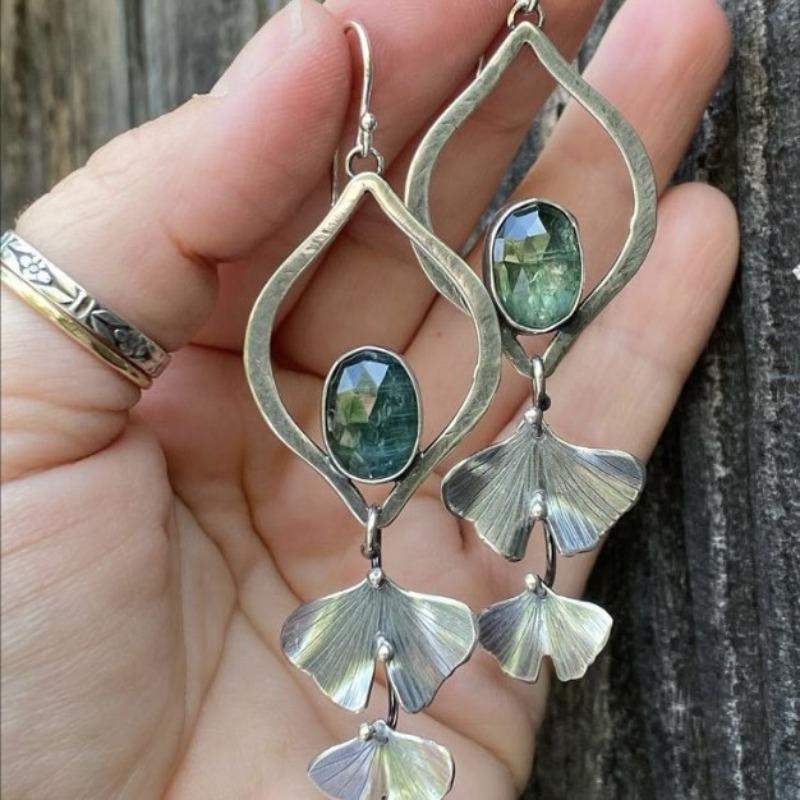 Винтажные круглые серьги-листья с инкрустацией зеленым камнем, геометрический креатив, серьги-подвески серебристого цвета для женщин, ювелирные изделия