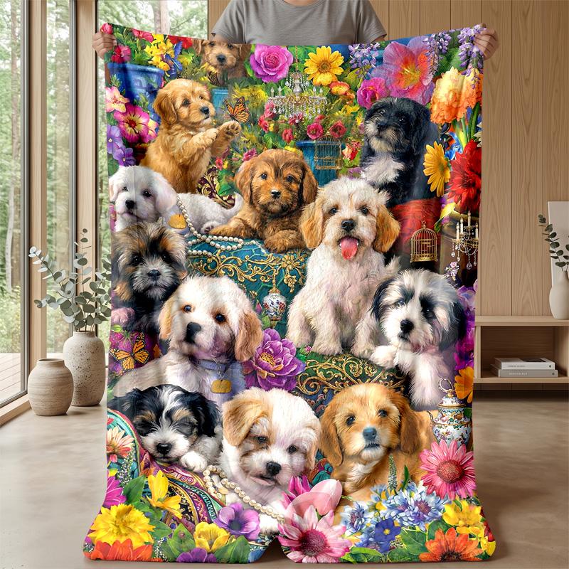 Floral Puppies Garden 3 Theme blanket Lightweight Warm Flannel Blanket Decorative Throw Blanket for Home Decoration