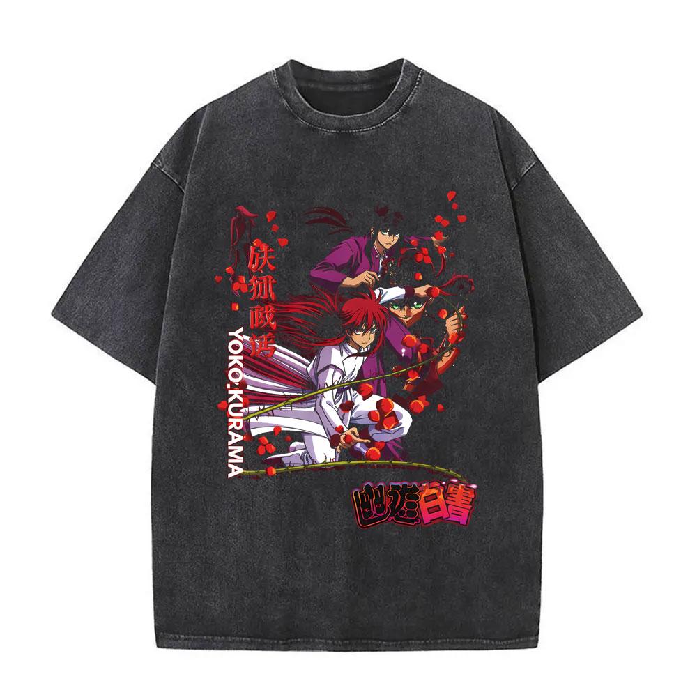 Аниме YuYu Hakusho Винтажная стираная футболка Мужская Женская Одежда Мультяшная Оверсайз Футболка Мужская Хип-Хоп Ретро Футболки Уличная одежда