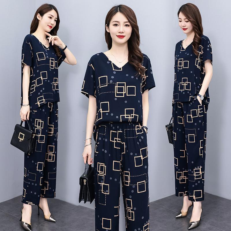 Женский летний костюм среднего возраста, новые элегантные комплекты из двух предметов, женские наряды, свободный винтажный комплект с широкими брюками с принтом