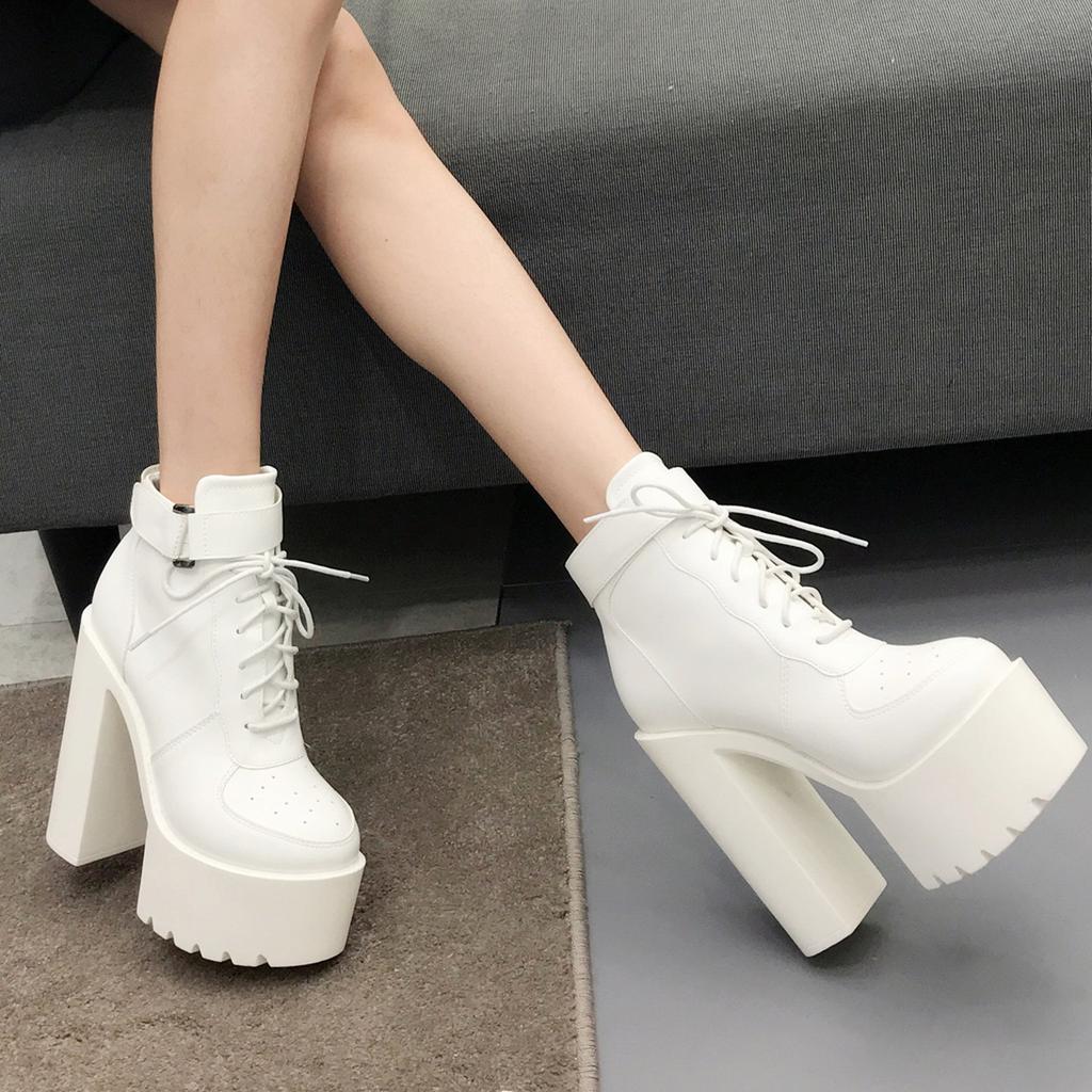 Fashion Black Platform Boots Women Zipper Autumn High Heels Shoes Lace Up Ankle Boots Russian Shoes