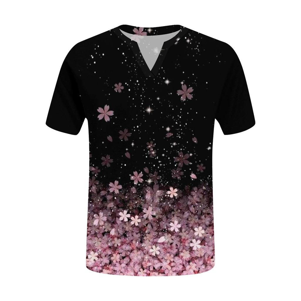 Женская повседневная футболка с цветочным принтом, пуловер с V-образным вырезом и коротким рукавом