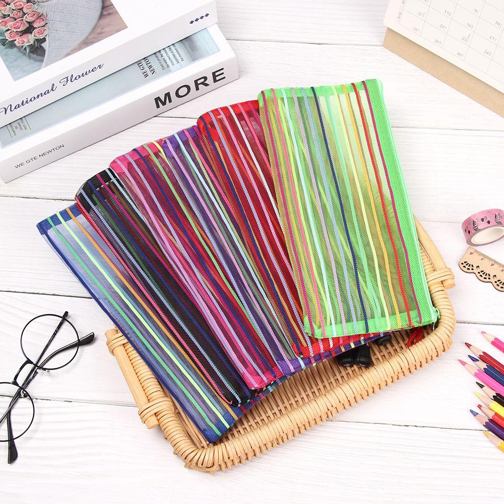 Purse Makeup Stationery Rainbow Color Nylon Grid Cosmetic Storage Mesh Pen Bag Zipper Pencil Case