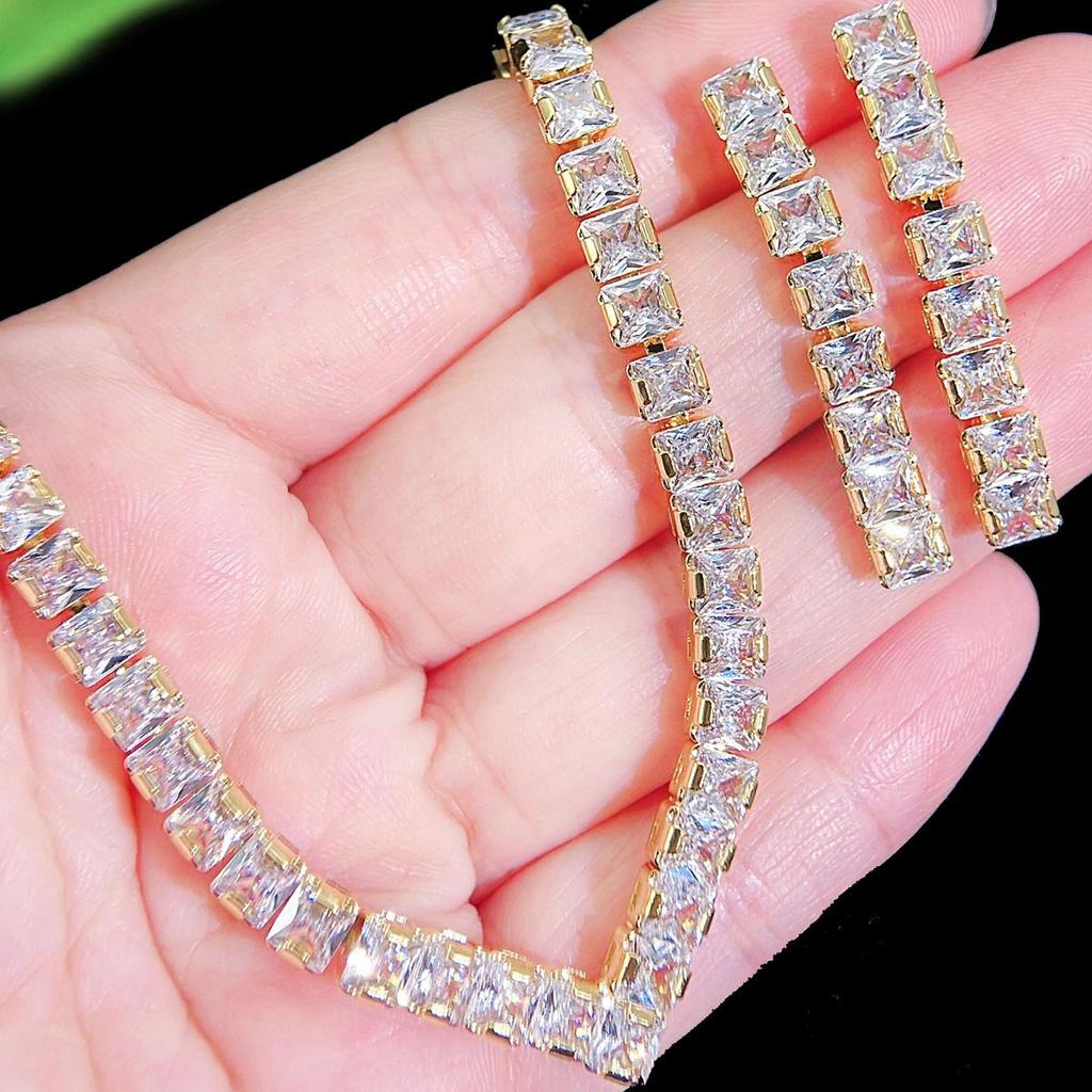 CMM 3 шт., высокое качество, свадебные украшения в Дубае, инкрустированные квадратные AAA циркониевые ожерелья, серьги, браслет, набор для женщин