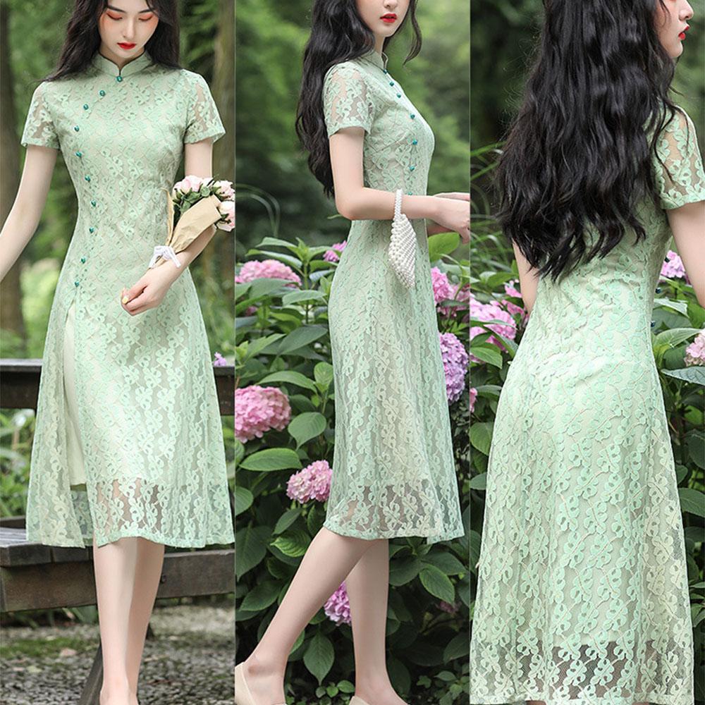 Кружевное повседневное платье Cheongsam средней длины с низким вырезом, облегающее платье больших размеров в китайском стиле Ao Dai
