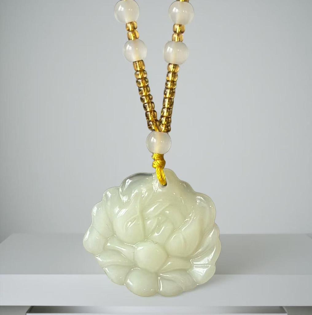 Imitation Hetian Jade Lotus Pendant Necklace for Women - White Jade Flower Blooming Wealth Design