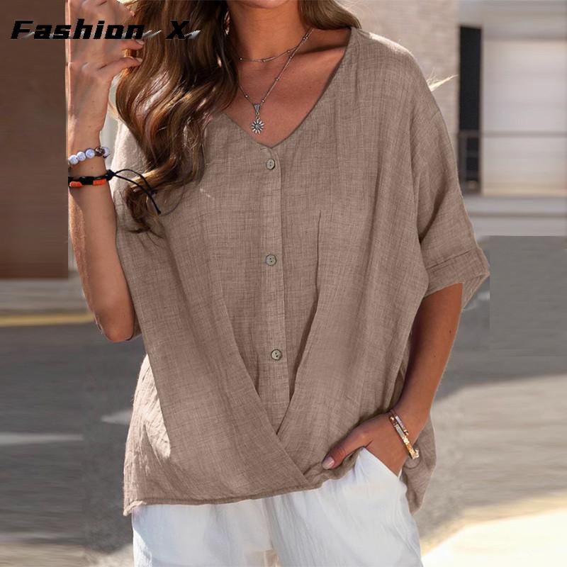 Cotton T-shirt V-neck Short Sleeve Loose Women's Shirt Casual Tops