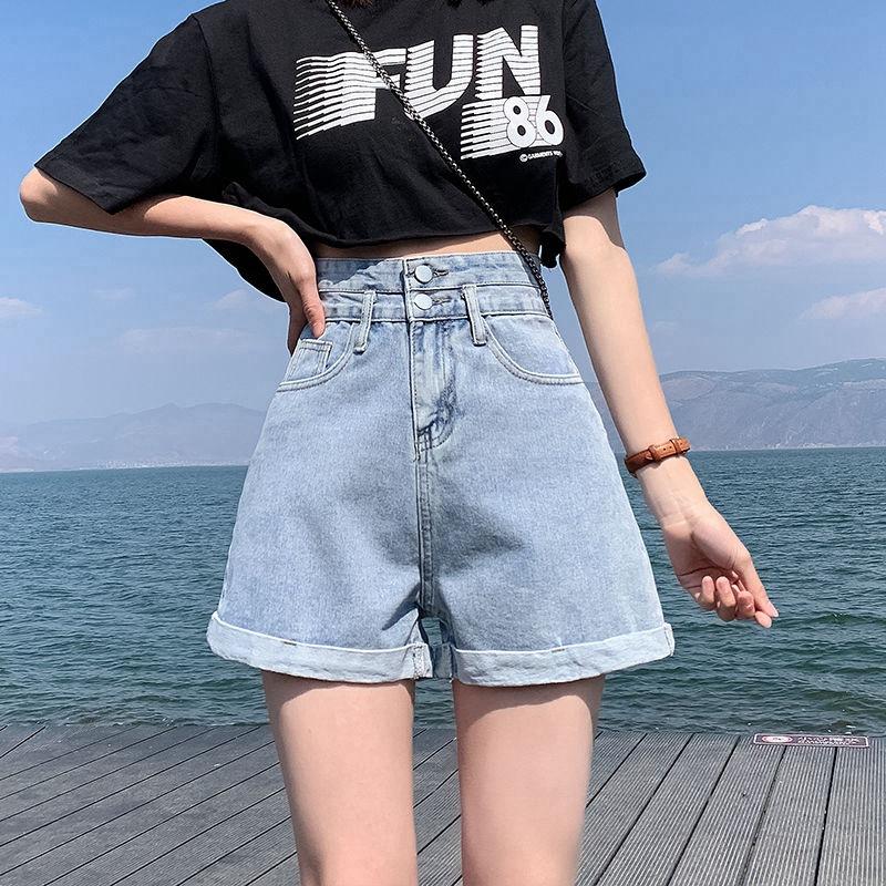 Classic and Minimalist Fashion Versatile Female Summer High-waisted Thin Outside Loose Rolled Wide-leg A Word Denim Shorts Individuality Trendiness