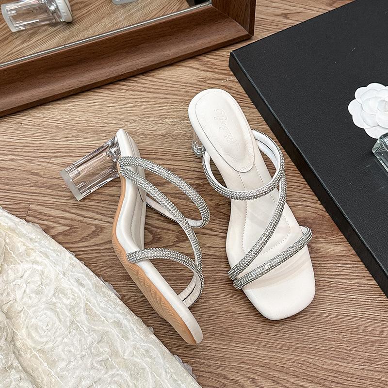 Крутые тапочки женские летние на толстом каблуке со стразами и надписью, босоножки на высоком каблуке женские черные высокие каблуки женские летние