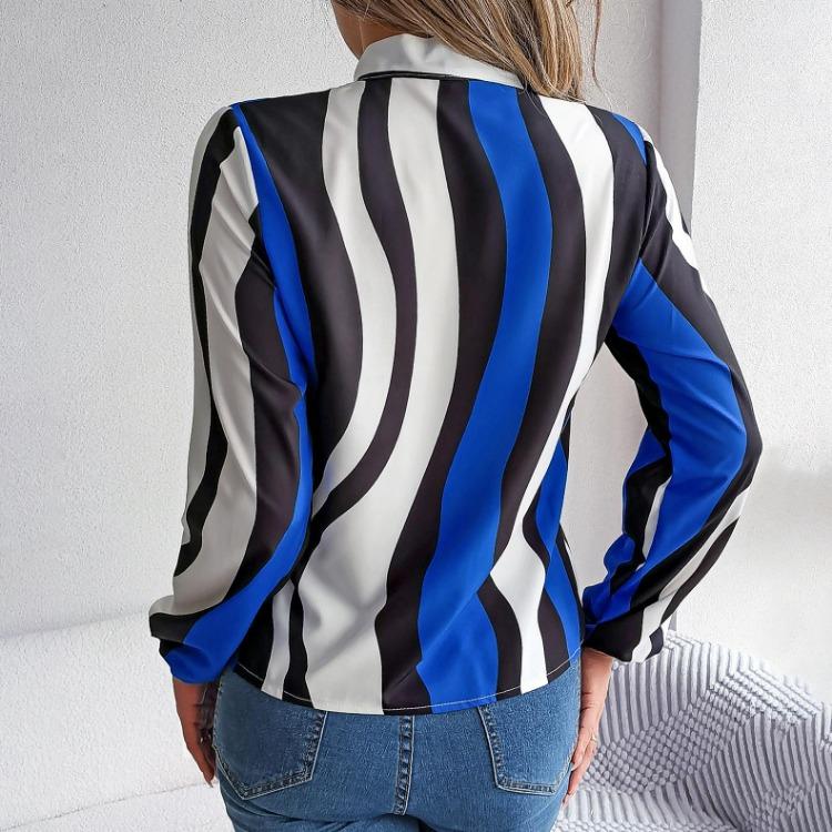 Fashion Women Long Sleeve Blouse Stripe Print Bow Collar Shirt Spring Autumn Top Temperament