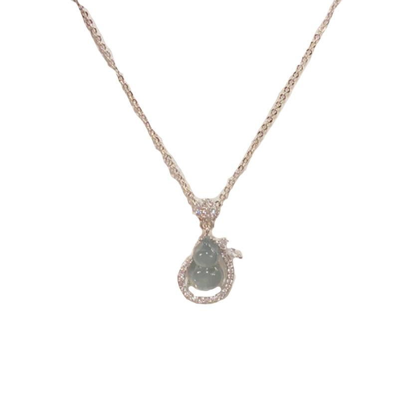 Gold Jade Gourd Pendant Necklace – CZ Crystal Embellished Lucky Jewelry, Elegant Chinese Style Gift for Women