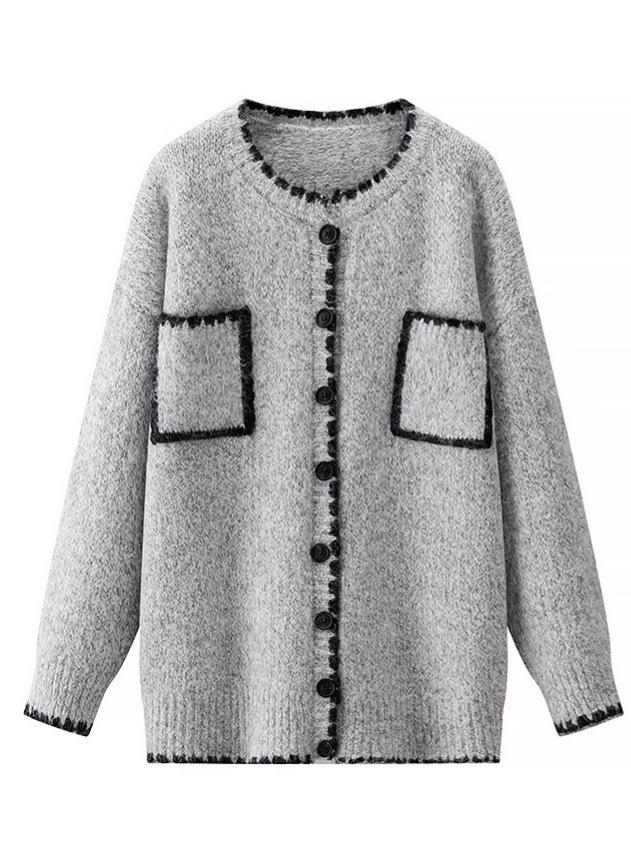 Women's Casual Retro Color-Block Pocket Cardigan Sweater, Autumn/Winter Korean Lazy Style Knitwear