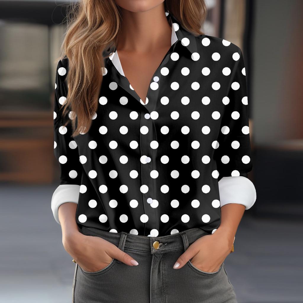 Женская рубашка-блузка с принтом и пуговицами, длинный рукав, повседневный базовый рубашечный воротник, обычный топ