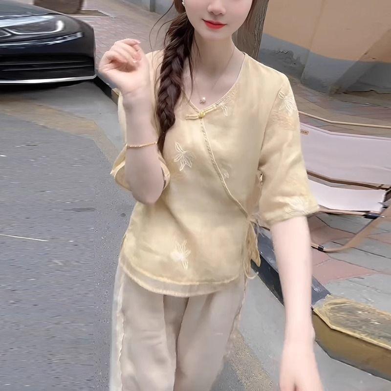 2025 лето топ с вышивкой и рукавом средней длины женственный темперамент универсальная высококлассная рубашка со шнуровкой женская