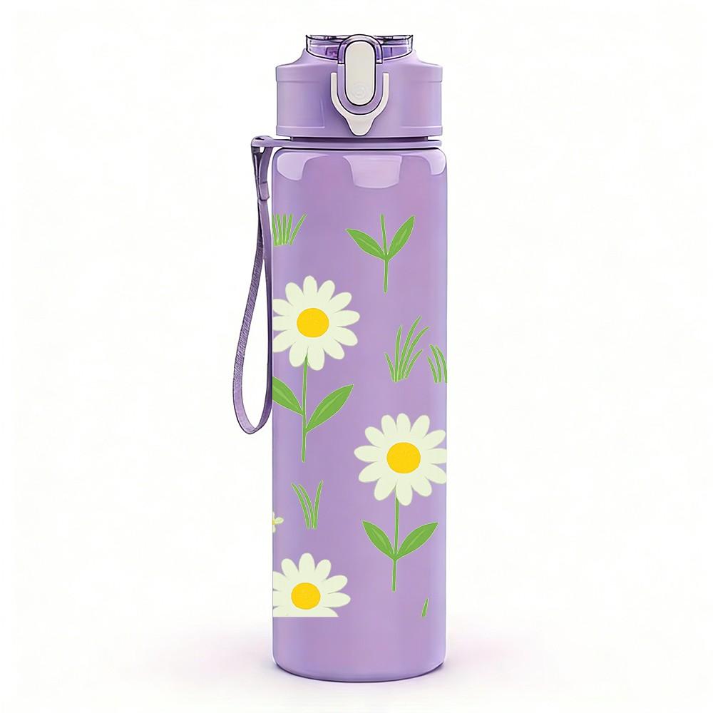 1PC Simple White Daisy Flower Group Print 750ml Color Plastic Sports Water Bottle Leakproof Flip Straw Lid Suitable for Sports Office Home Use