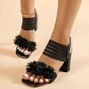 Модные черные босоножки на высоком каблуке с цветочным декором, женские сандалии из сетки с эластичным ремешком, с квадратным носком, женские туфли-лодочки на толстом каблуке для платья, вечеринки