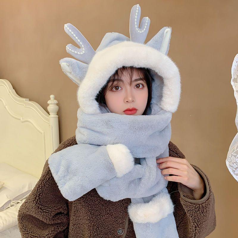 Winter Women's Warm Hat Three-piece Set Hat Scarf Gloves In One Set with Cute Cartoon Antlers, Perfect for Christmas Gift