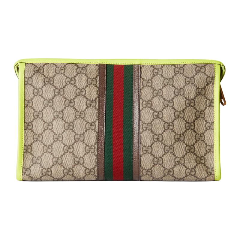 Gucci Ophidia Double G logo zipper closure Canvas with leather piping Canvas bag clutch cosmetic bag Men's beige with ebony and yellow