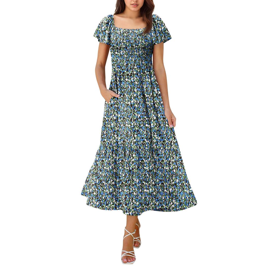 Women's Fashion Casual Maxi Dress Square Neck Bell Sleeves Ruffles Dress With Pockets