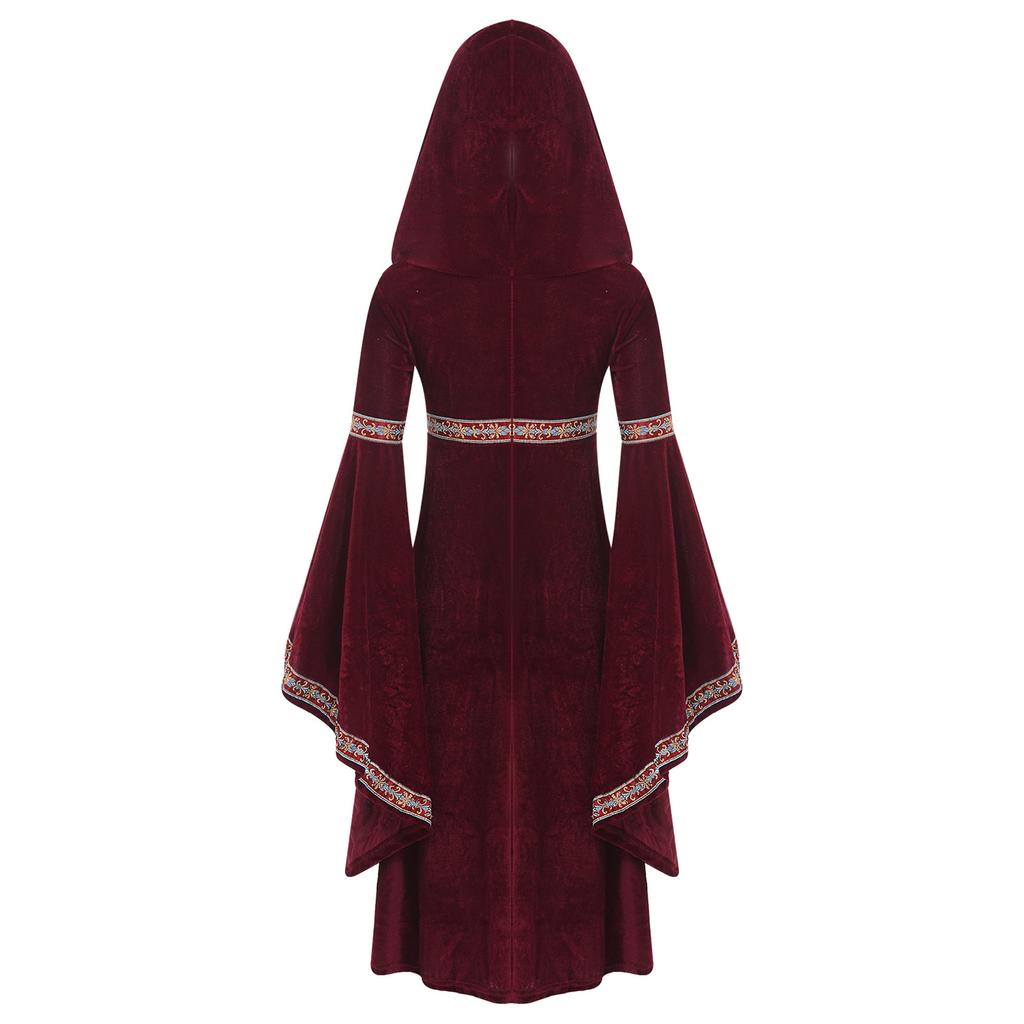 Детский халат принцессы на Хэллоуин для девочек: Полный средневековый костюм для косплея с капюшоном, рукавами-трубами и детальной вышивкой.