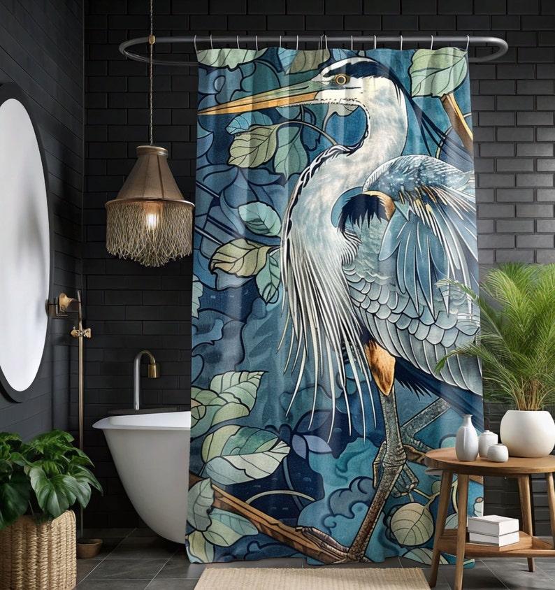 Blue Heron William Morris Style Shower Curtain - Coastal Bathroom Decor & Bath Accessories