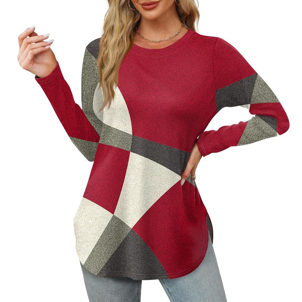 Женские рубашки с длинным рукавом и круглым вырезом, базовые свободные туники с боковым разрезом, повседневные рубашки с цветочным принтом