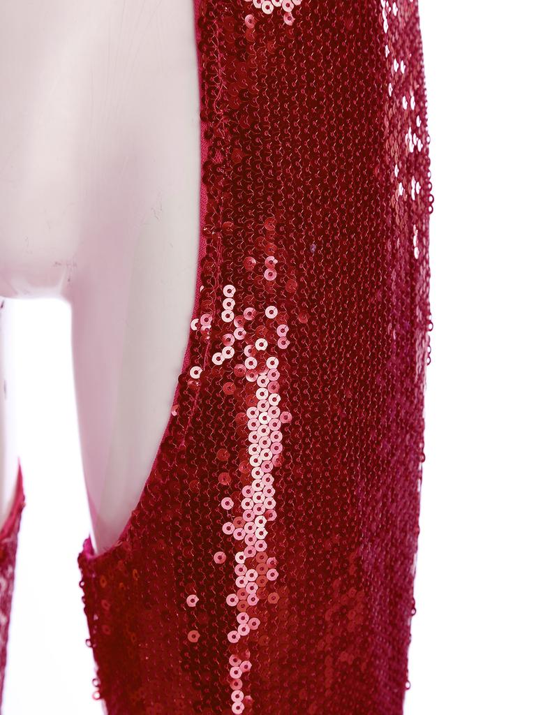 Womens Halloween Glitter Sequin Cowgirl Chaps Adjustable Waist Crotch Hollow Out Fully Lined Flared Pants