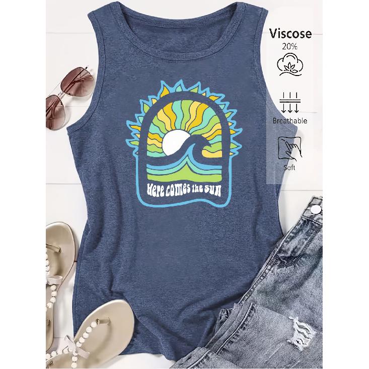 2026 Trendy Here Comes The Sun Vintage Sun Print Women Sleeveless Vest High Quality Casual Summer Tank Top