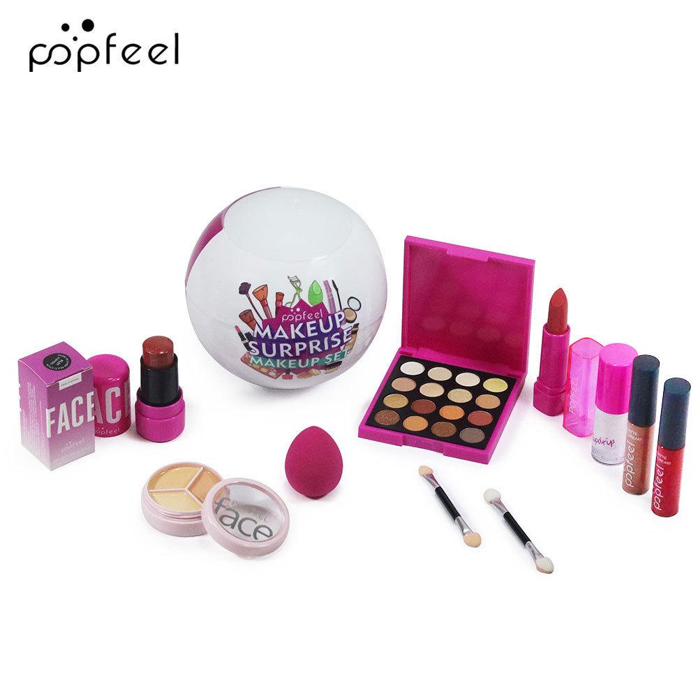 Popfeel Набор-сюрприз с косметикой - Подарочная коробка-сфера 12 см с палеткой теней на 16 цветов, консилером на 3 цвета, помадами, стиком для лица и спонжем для макияжа