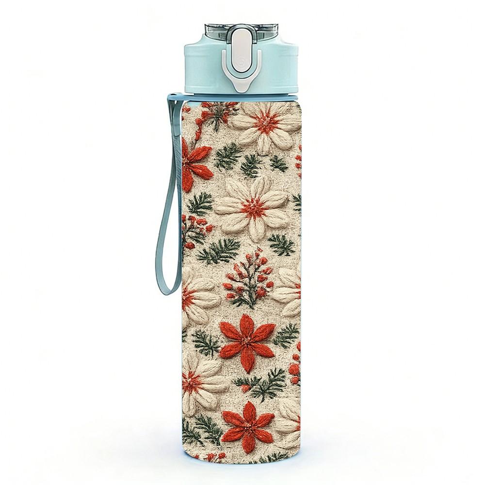 1PC Christmas Poinsettia Repeat Print 750ml Color Plastic Sports Water Bottle Leakproof Flip Straw Lid Suitable for Sports Office Home Use